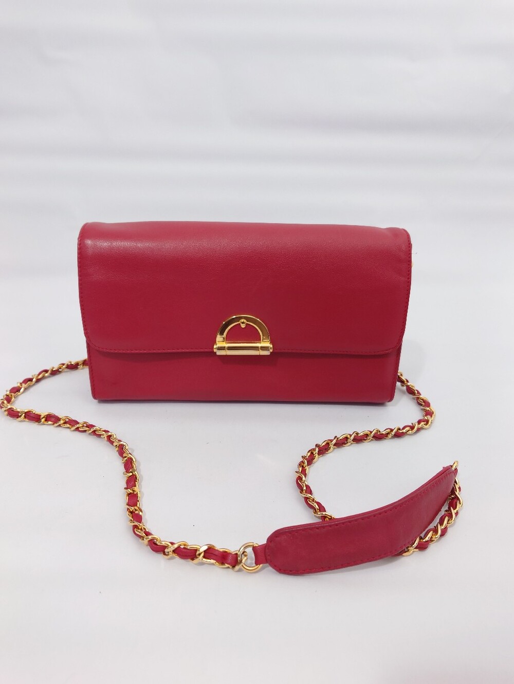 Gianni Bernini Red Genuine Leather Chain Shoulder Bag Gold Hardware